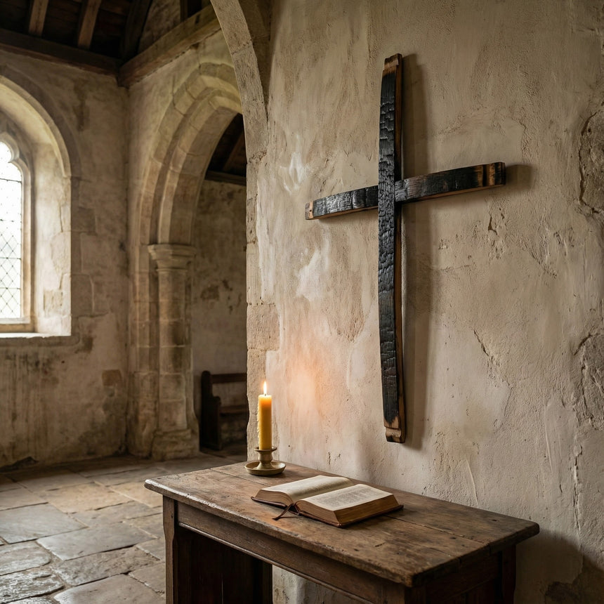 A lit candle and open book sit on a wooden table beneath the Cross, creating an inspiring rustic scene perfect for lovers of home decor.