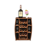 The Half Barrel Bottle Holder wine rack holds bottles, glasses, and a whiskey bottle, with space on top for decor like a pink flower vase—an ideal rustic touch for your home bar.