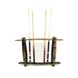 Four pool cues stand upright in a freestanding, hand made solid wood barrel stave cue rack that holds up to 8 billiard sticks, set against a white background.