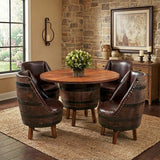 Barrel Table with Legs and Upholster Barrel Stool Sofa set in a rustic dining room with stone walls, offering a wood barrel table and four whiskey barrel-style leather chairs for a cozy, stylish setup.