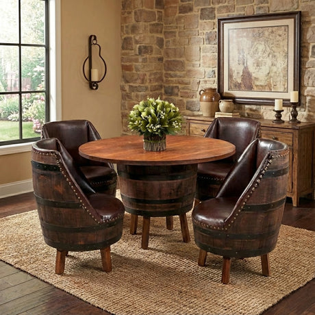 Barrel Table with Legs and Upholster Barrel Stool Sofa set in a rustic dining room with stone walls, offering a wood barrel table and four whiskey barrel-style leather chairs for a cozy, stylish setup.