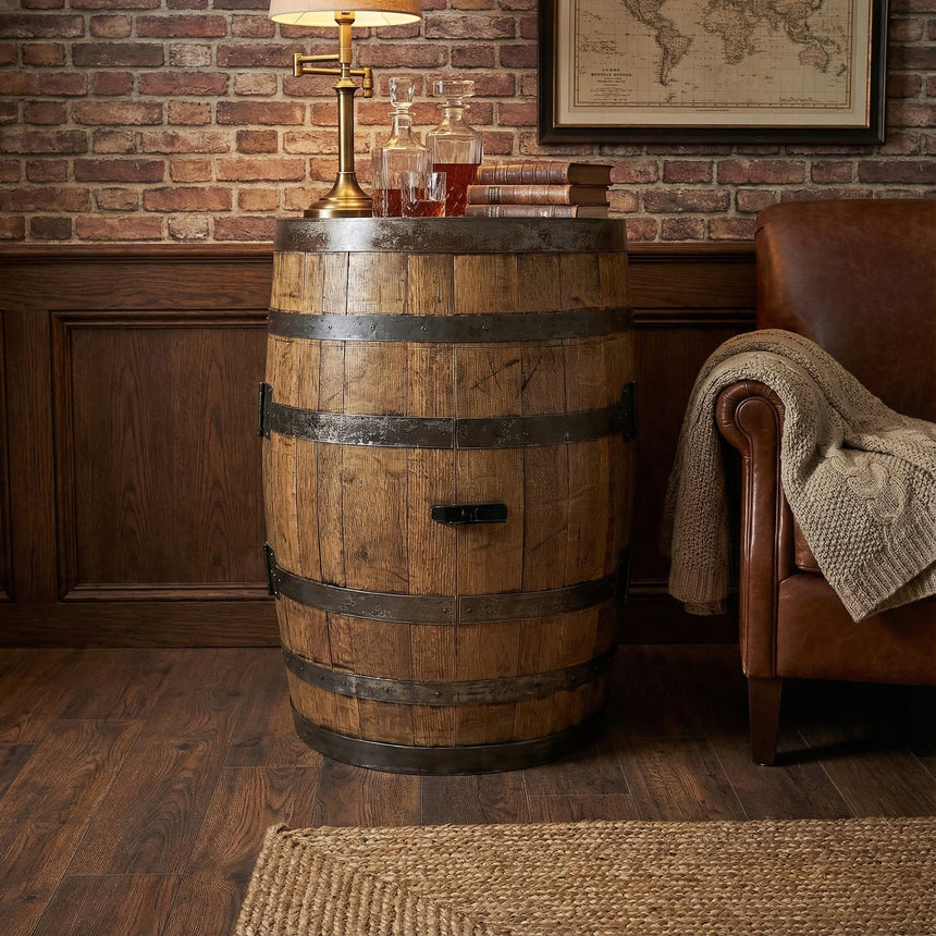 A Full Barrel Cabinet with Shelves and Glassware Holders, hand made from wood, serves as a charming full bar in a cozy rustic room, conveniently storing bottles and glasses for easy entertaining.