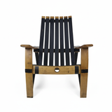 The Adirondack Lounge Chair features hand-made solid wood barrel stave construction, with a black seat and backrest, natural wood armrests and legs—a unique bourbon barrel furniture piece.