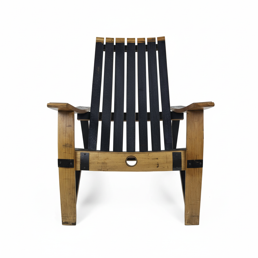 The Adirondack Lounge Chair features hand-made solid wood barrel stave construction, with a black seat and backrest, natural wood armrests and legs—a unique bourbon barrel furniture piece.