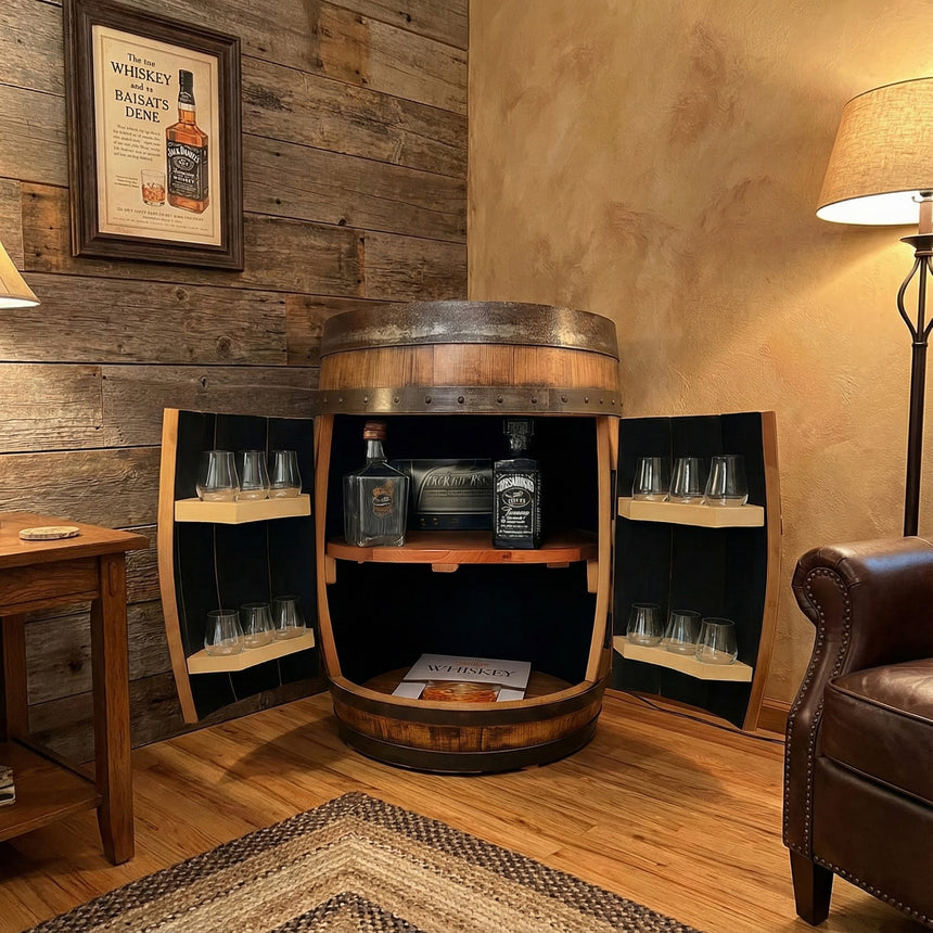 The Refurbished Whiskey Barrel Open Display Cabinet reveals glasses and bottles inside, complemented by a lamp, chair, and rustic decor nearby.