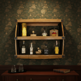 A 3 Tier Bar Shelf made from hand-crafted solid wood barrel holds 3 rows of spirits, displaying liquor bottles against green floral wallpaper above a table with glasses and a book.