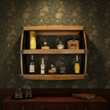 A 3 Tier Bar Shelf made from hand-crafted solid wood barrel holds 3 rows of spirits, displaying liquor bottles against green floral wallpaper above a table with glasses and a book.