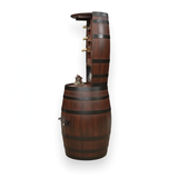 The 12 Bottles Barrel Hutch, a wooden barrel-shaped home bar inspired by whiskey barrels, features shelves for wine bottles and glasses and is beautifully photographed from the side.