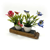 Two small potted plants with pink and blue flowers sit on a Double Bud Vase Whiskey Staves stand, adding a rustic touch to your home decor against a white background.
