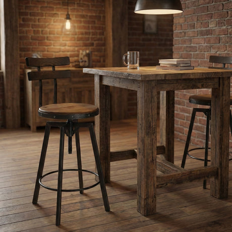 Swivel Barstool With Backrest, Solid Wood Barrel Head Base, Hand Made Metal Frame Construction