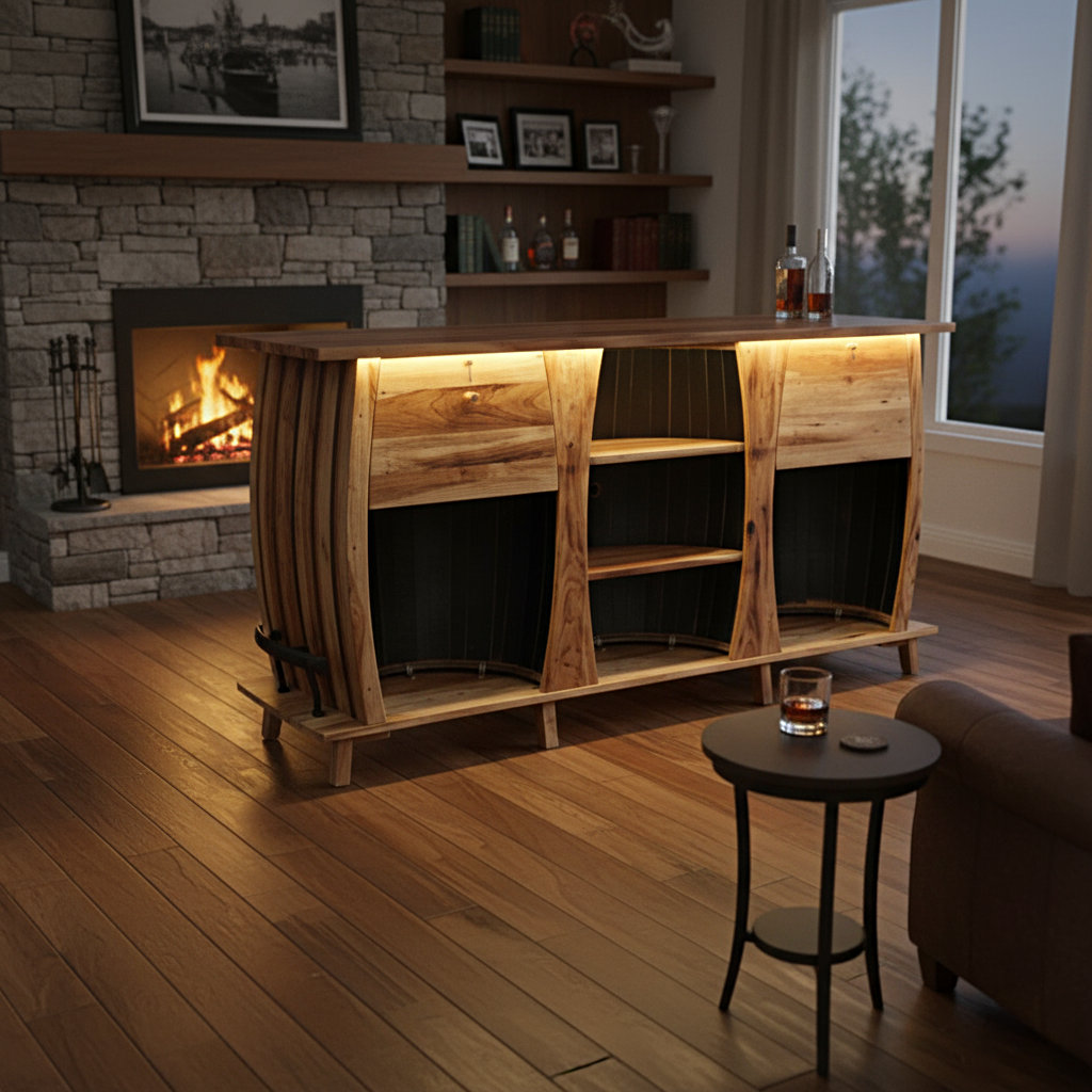 A cozy living room with a lit fireplace, wooden bar, shelves, and the 3 Barrels Bar Table topped with a drink.