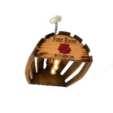 Handmade solid wood barrel stave billiards pool table overhead light with 4 bulbs, featuring "Four Roses Bourbon" and red roses logo—ideal as a unique game room or whiskey-themed ceiling accent.