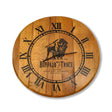 Buffalo Trace Inspired Wooden Wall Clock, Hand Made from solid wood with Roman numerals and buffalo graphic—ideal bourbon wall decor for any whiskey lover.