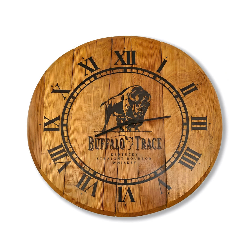 Buffalo Trace Inspired Wooden Wall Clock, Hand Made from solid wood with Roman numerals and buffalo graphic—ideal bourbon wall decor for any whiskey lover.