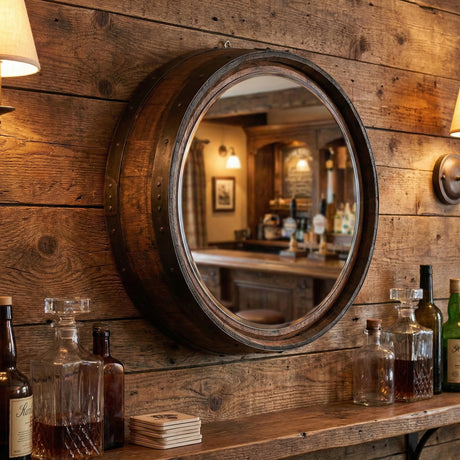 The Round Mirror, crafted from reclaimed whiskey barrels, hangs on a rustic wall above bottles and decanters.