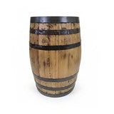 The Standard Refurbished Whiskey Barrel features classic wooden staves and metal bands, standing upright against a white background to showcase rustic elegance in its timeless design.