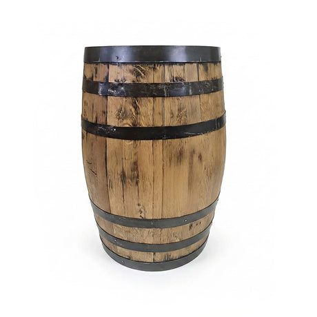 The Standard Refurbished Whiskey Barrel features classic wooden staves and metal bands, standing upright against a white background to showcase rustic elegance in its timeless design.