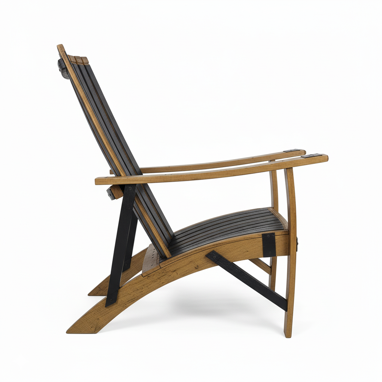 Side view of the Adirondack Lounge Chair, Hand Made Solid Wood Barrel Stave Construction, featuring black slats and curved armrests, crafted from reclaimed whiskey barrel staves against a white background.