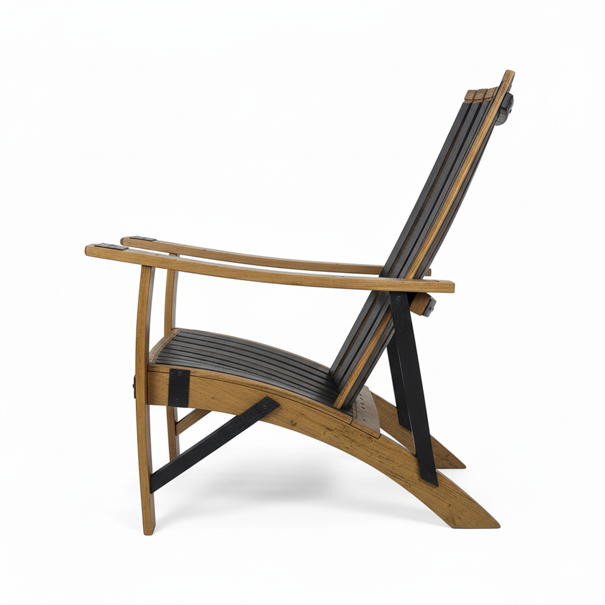 Side view of the Adirondack Lounge Chair, hand made from solid wood barrel staves, featuring black seat and back slats and a modern angled design.