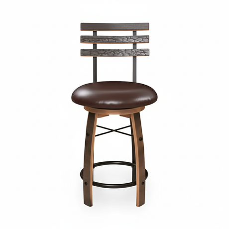 Bar Stool with Swivel Cushioned Seat & Stave Back: Features a brown cushioned seat, wooden legs, and a metal backrest with horizontal accents, inspired by bourbon barrel furniture for a rustic look.