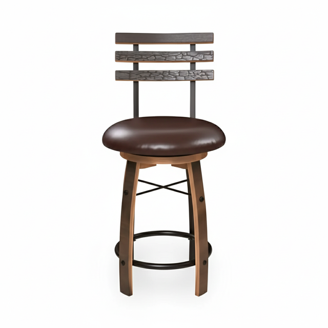 Bar Stool with Swivel Cushioned Seat & Stave Back: Features a brown cushioned seat, wooden legs, and a metal backrest with horizontal accents, inspired by bourbon barrel furniture for a rustic look.