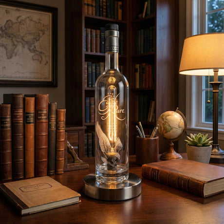 The Eagle Rare Lamp, featuring a vintage bourbon bottle design, sits on a desk with books, a globe, and a glowing light, creating a cozy study atmosphere.