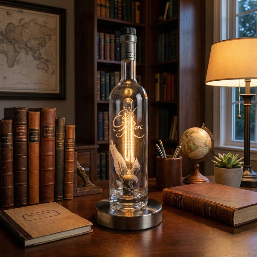 The Eagle Rare Lamp, featuring a vintage bourbon bottle design, sits on a desk with books, a globe, and a glowing light, creating a cozy study atmosphere.
