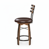 The Bar Stool with Swivel Cushioned Seat & Stave Back, featuring a wooden design and metal footrest inspired by bourbon barrel furniture, is shown on a white background.