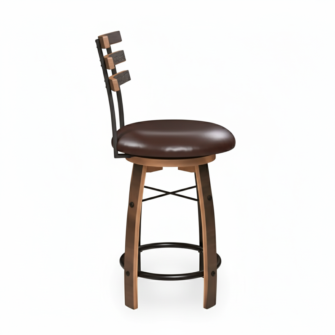 The Bar Stool with Swivel Cushioned Seat & Stave Back features a wooden frame, metal footrest, and bourbon barrel-inspired design, highlighted by a slatted backrest and comfy swivel seat on a white background.