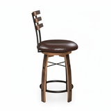 The Bar Stool with Swivel Cushioned Seat & Stave Back features a wooden frame, metal footrest, and bourbon barrel-inspired design, highlighted by a slatted backrest and comfy swivel seat on a white background.