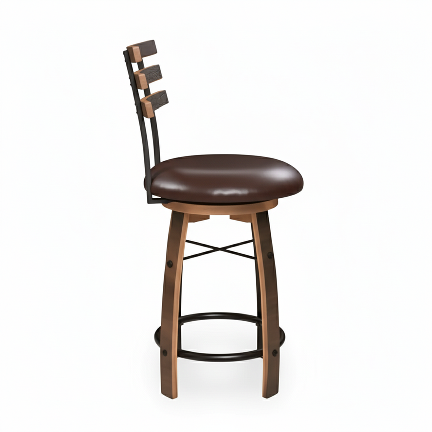 The Bar Stool with Swivel Cushioned Seat & Stave Back features a wooden frame, metal footrest, and bourbon barrel-inspired design, highlighted by a slatted backrest and comfy swivel seat on a white background.