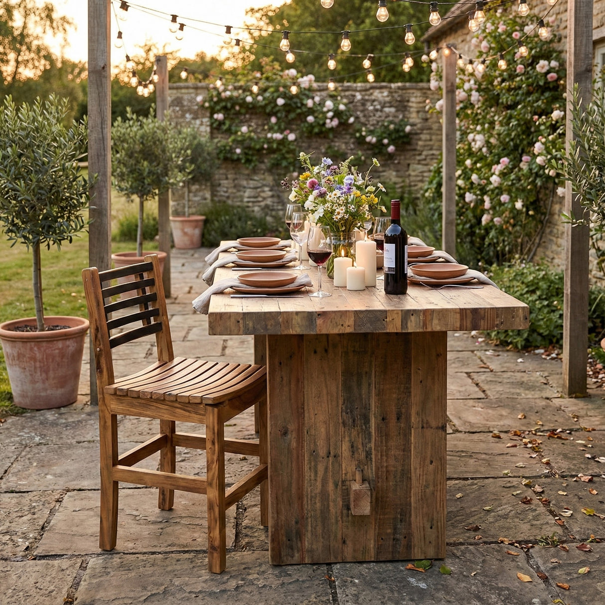 Rustic outdoor table set for dinner with candles, flowers, wine, and string lights in a garden setting, featuring elegant Barrel Dinner Chairs for a charming touch.