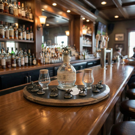 A Bar Tray, hand made from solid wood barrel and designed to fit a Blanton's Bottle and Horse Cork Stoppers (corks not included), displays four glasses on a polished counter in a cozy bar.