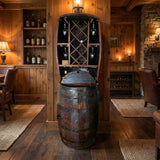 The Hutch Wine Bar Cabinet, hand made from solid wood barrels, holds 7 wine bottles and 20 glasses—a rustic centerpiece perfect for displaying your bourbon collection in a cozy wooden room.
