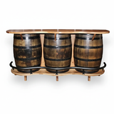 The 3 Barrels Bar Table features three wooden barrels, a polished wood top, and a metal foot rail—an ideal centerpiece for bourbon barrel furniture enthusiasts.