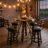 Rustic dining area featuring a round Barrel Stave Table With Swivel and Reverse Leg Stools, complemented by warm string lights against exposed brick walls.