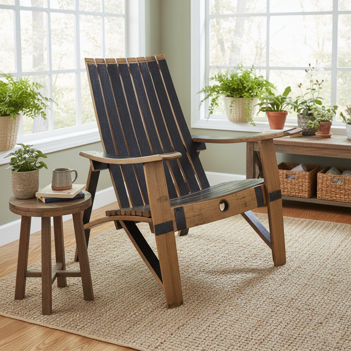 Adirondack Lounge Chair, hand made from solid wood barrel staves, paired with a side table, mug, and book among potted plants in a bright sunlit room for unique reclaimed charm.