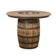 The Outdoor Barrel Table With Poly Top features a round design and a rustic, metal-banded barrel base—ideal for outdoor dining and cozy gatherings.