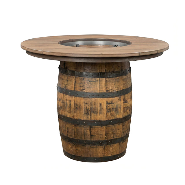 The Outdoor Barrel Table With Poly Top features a round design and a rustic, metal-banded barrel base—ideal for outdoor dining and cozy gatherings.