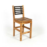 The Barrel Dinner Chair is a contemporary wooden bar stool with a slatted seat and black-accented slatted backrest, displayed against a white background.