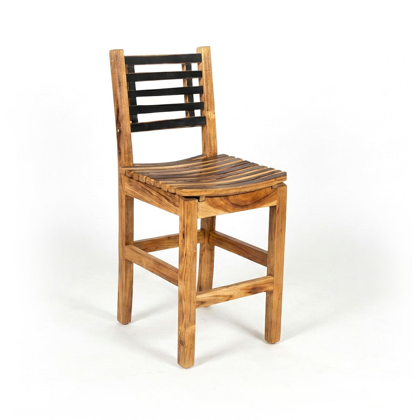 The Barrel Dinner Chair is a contemporary wooden bar stool with a slatted seat and black-accented slatted backrest, displayed against a white background.