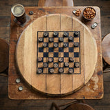 The Chess and Checkers Board With Solid Wood Barrel Head Base features hand made playing pieces—perfect as a unique board game gift.