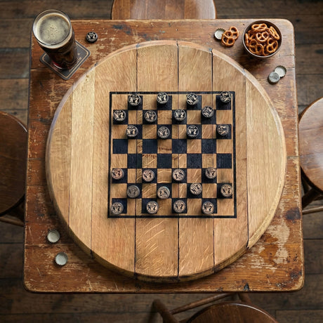 The Chess and Checkers Board With Solid Wood Barrel Head Base features hand made playing pieces—perfect as a unique board game gift.
