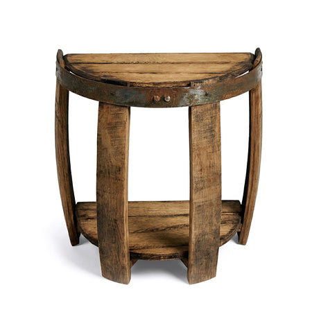 Rustic side table featuring half barrel heads for shelves and top, accentuated with a metal band—a unique whiskey barrel furniture piece ideal for any space.