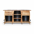 3 Barrels Bar Table features a rustic, modern design inspired by bourbon barrel furniture, with curved panels, open shelves, and two drawers.