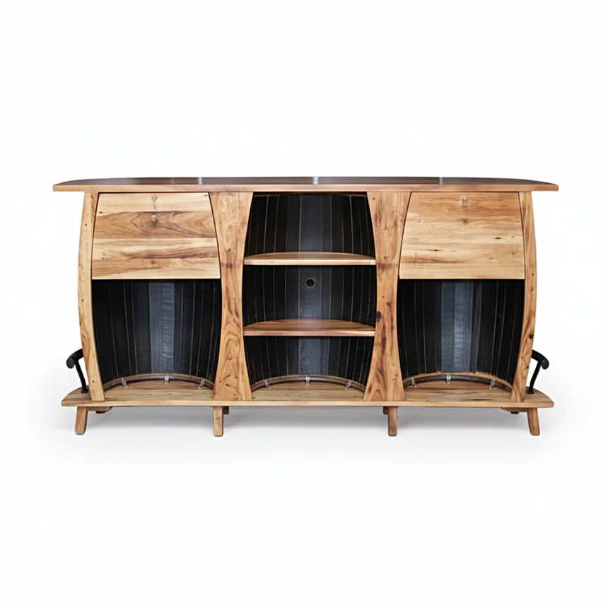 3 Barrels Bar Table features a rustic, modern design inspired by bourbon barrel furniture, with curved panels, open shelves, and two drawers.