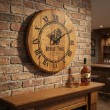 The Buffalo Trace Inspired Wooden Wall Clock, hand made from solid wood, hangs above a whiskey bottle and glass on a mantel, adding ideal bourbon wall decor to a rustic brick wall setting.