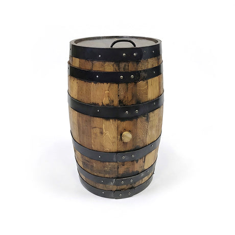 The Small Barrel With Lift Up Lid, designed with black metal bands and a top handle, offers a rustic whiskey barrel-inspired storage solution, shown against a white background.
