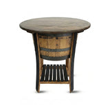 The Half Barrel Table With Solid Top is a round wooden rustic coffee table, featuring a barrel-style base and a slatted shelf below, shown from the front against a white background.