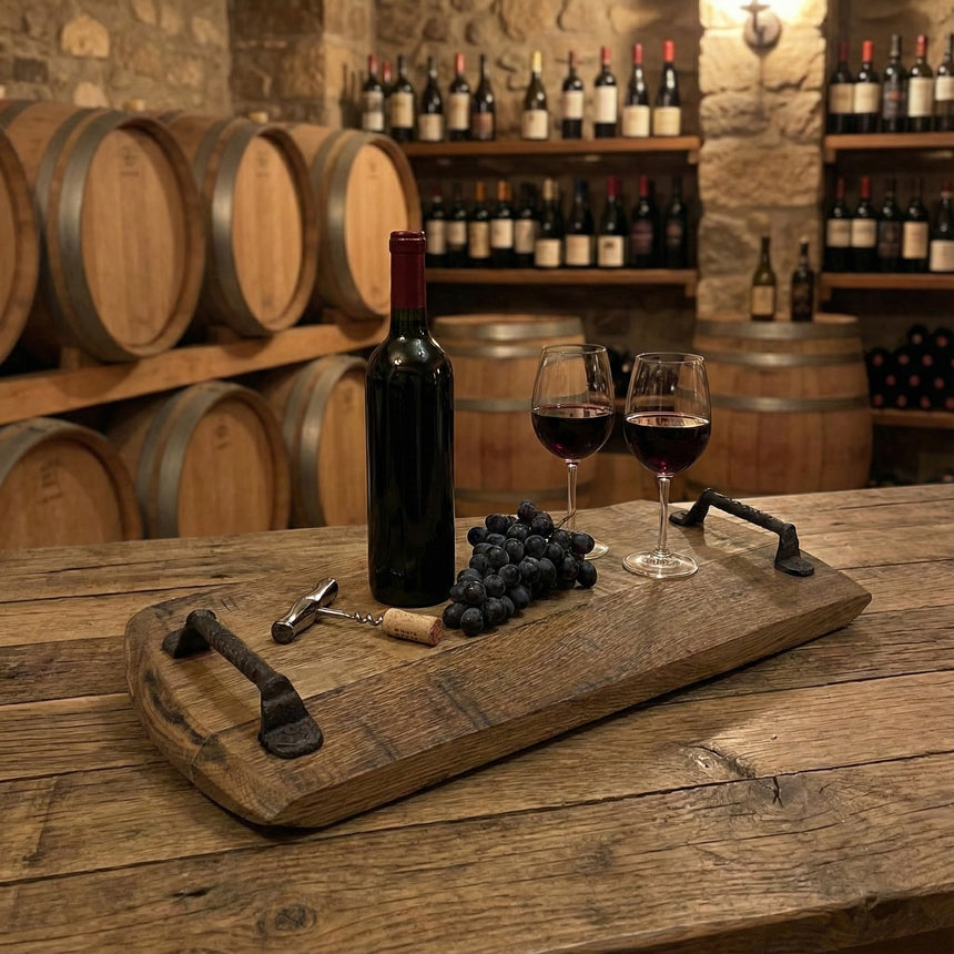A bottle of red wine, two glasses, grapes, and a corkscrew arranged on the Charcuterie and Cheese Rectangle Wooden Serving Board (Full Size, Hand Made Solid Wood) in a wine cellar.